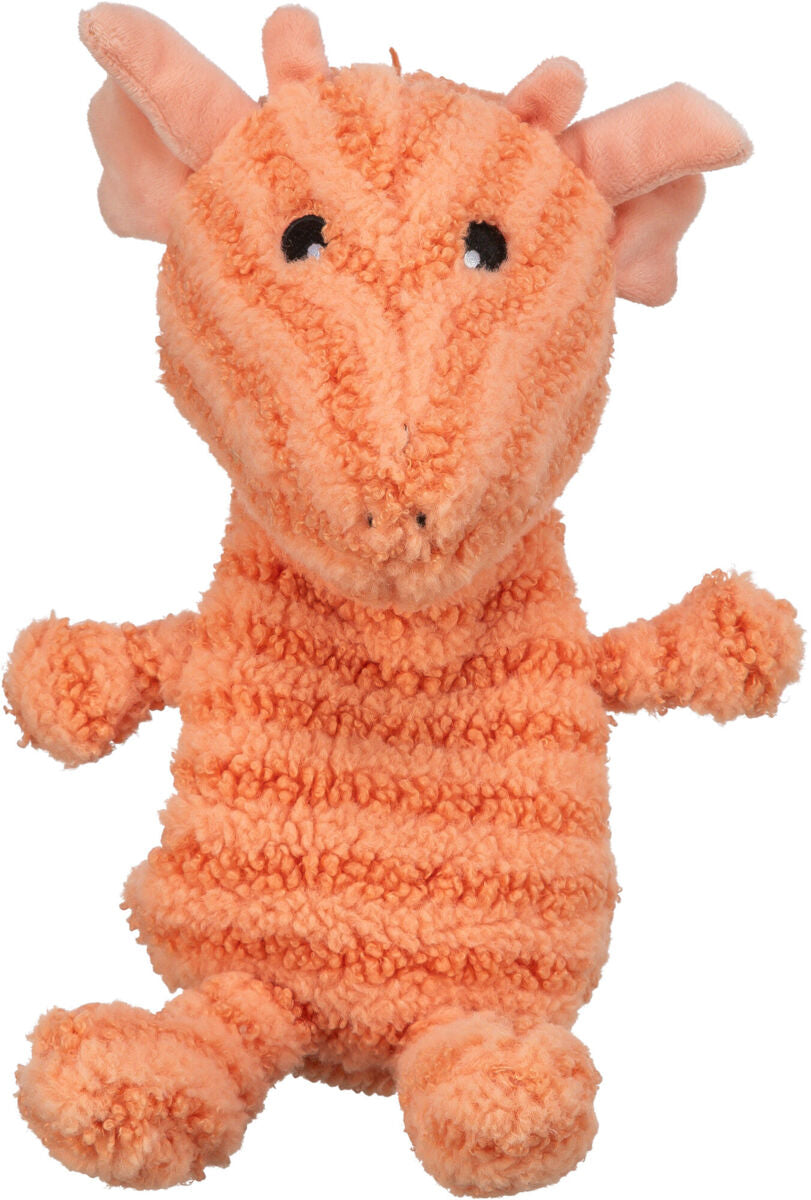 Orangefarbenes Plüschspielzeug in Form eines Tieres mit zwei Ohren, Armen und Beinen, aus flauschigem Material.
