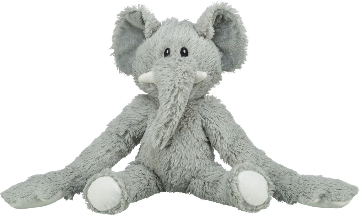 Graues Plüschelefant-Spielzeug mit großen Ohren und langen Armen und Beinen, sitzt aufrecht vor weißem Hintergrund.