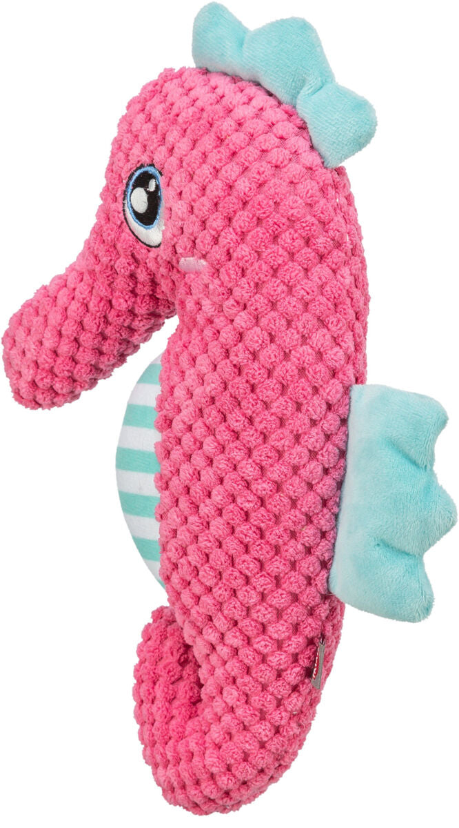 Rosa Plüsch-Seepferdchen mit türkisfarbenen Details und gesticktem Auge, kugelige Struktur, ideal als Spielzeug.
