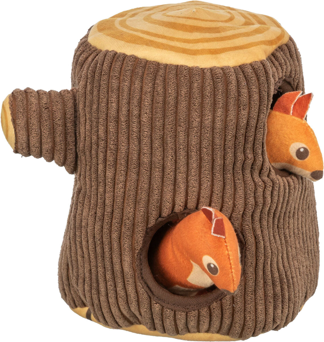 Brauner Stoffbaumstumpf mit zwei orangefarbenen Tierfiguren in Öffnungen, oberer Bereich mit hellbraunen Ringen.