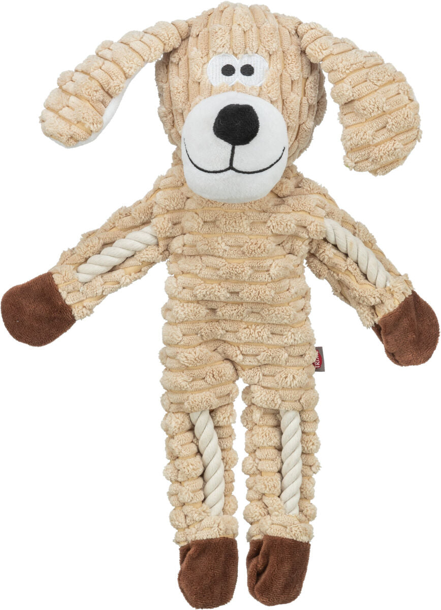 Plüschhundespielzeug aus beigem Stoff mit gestrickter Struktur, braunen Pfoten und weißem Gesicht mit aufgedrucktem Lächeln.