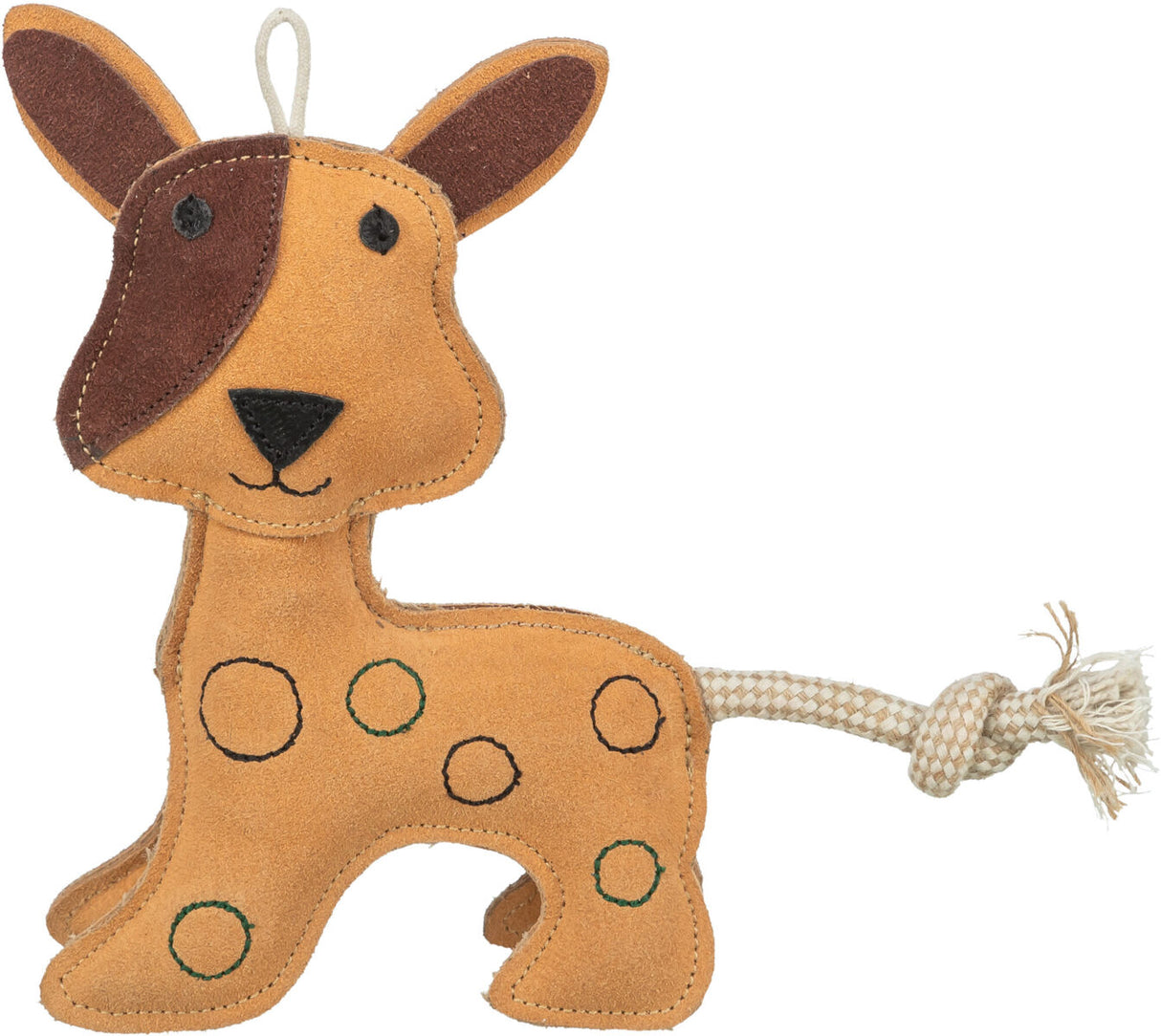 Spielzeug aus Stoff in Hundeform mit einem knotenförmigen Seil als Schwanz und bunten Punkten auf dem Körper.