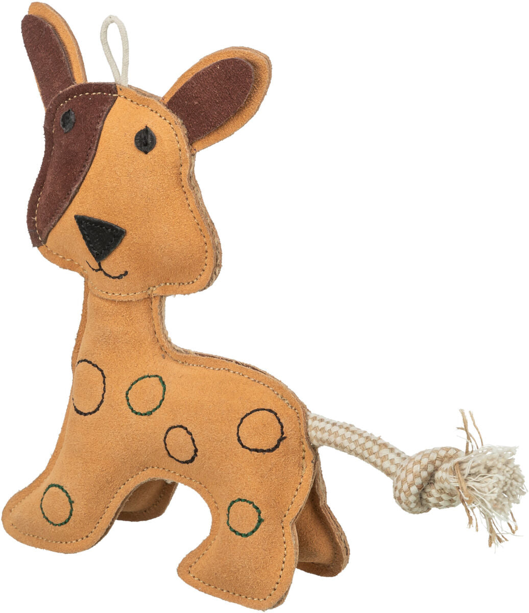 Stofftier in Form eines Hundes mit braunem und beigem Muster, Stickereien und einem Seil als Schwanz.