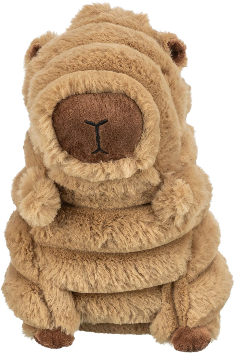 Plüschspielzeug in Bärenform, braun und flauschig, mit aufgesticktem Gesicht und zusammengerollter Struktur.