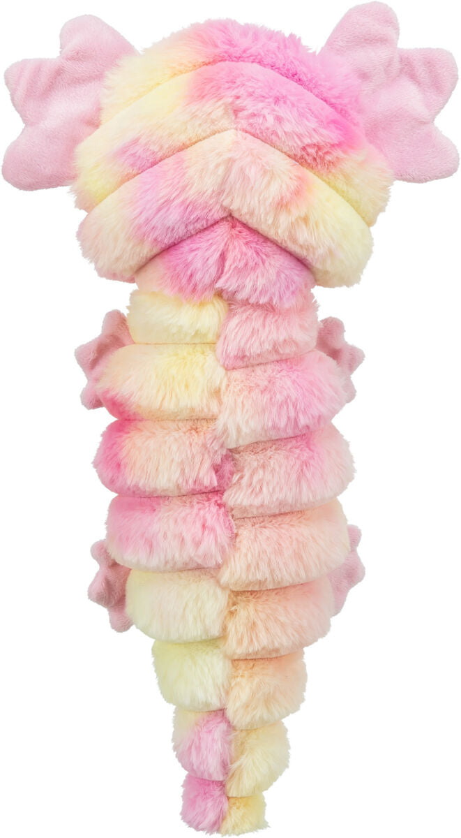 Flauschiges, spiralförmiges Objekt in Rosa und Gelb mit fluffiger Textur und zwei Ohren an der Oberseite.