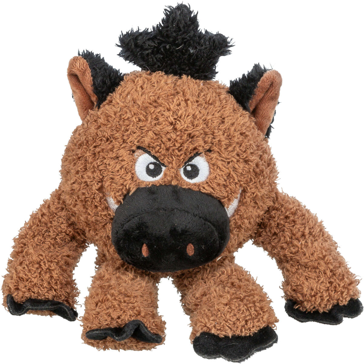 Plüschspielzeug in Form eines Wildschweins mit braunem, lockigem Fell und schwarzen Details.