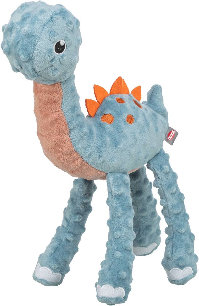 Weiches, blaues Plüschspielzeug in Dinosaurierform mit orangen Rückenstacheln und vier langen Beinen.