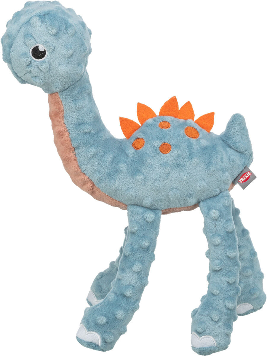 Blaues Plüschspielzeug in Dinosaurierform mit orangefarbenen Zacken und Punkten, weiches flauschiges Material.