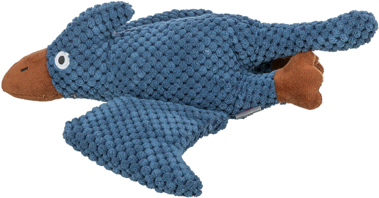 Blaues Plüschtier in Form eines Vogels mit strukturiertem Körper, orangefarbenem Schnabel und Füßen.