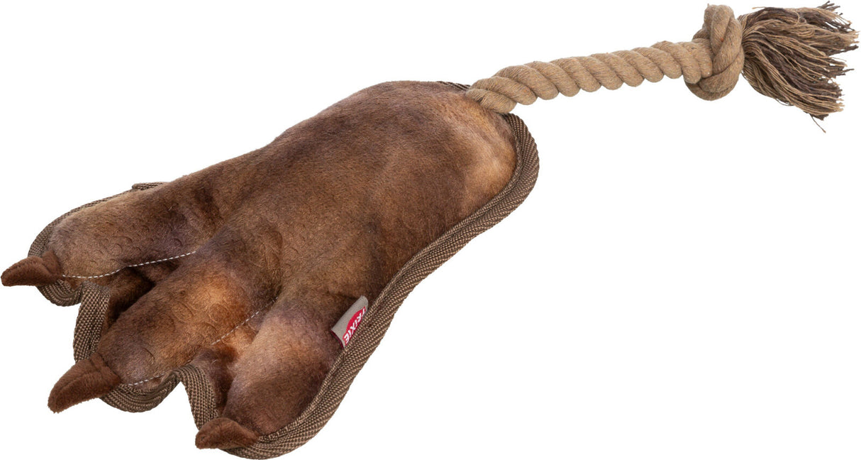 Ein plüschiges Spielzeug in Bärenpfotenform mit braunen Krallen und einem Seil an einem Ende.