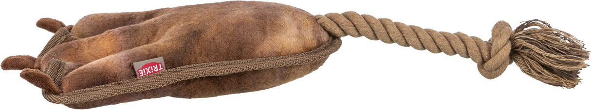 Braunes Hundespielzeug mit Seil und Quasten, das Tierpfote nachahmt und Label mit "Trixie" zeigt.