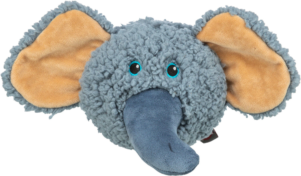 Plüschspielzeug in Form eines Elefantenkopfes mit grauer Textur, großen braunen Ohren und blauen Augen.