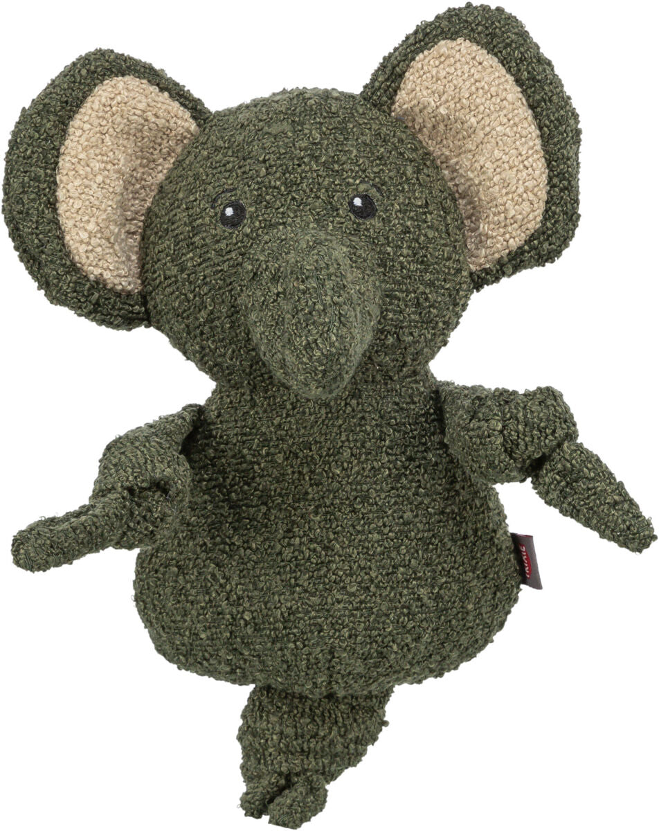 Kuscheltier in Form eines Elefanten mit dunkelgrünem, strukturreichem Stoff, großen Ohren und schwarzen Augen.