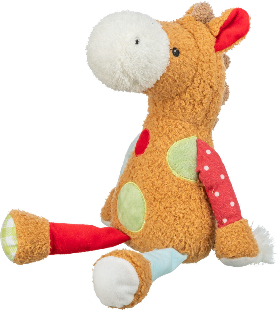 Plüschspielzeug in Form eines Pferdes mit braunem Körper, roten und grünen Elementen sowie weißen Akzenten.