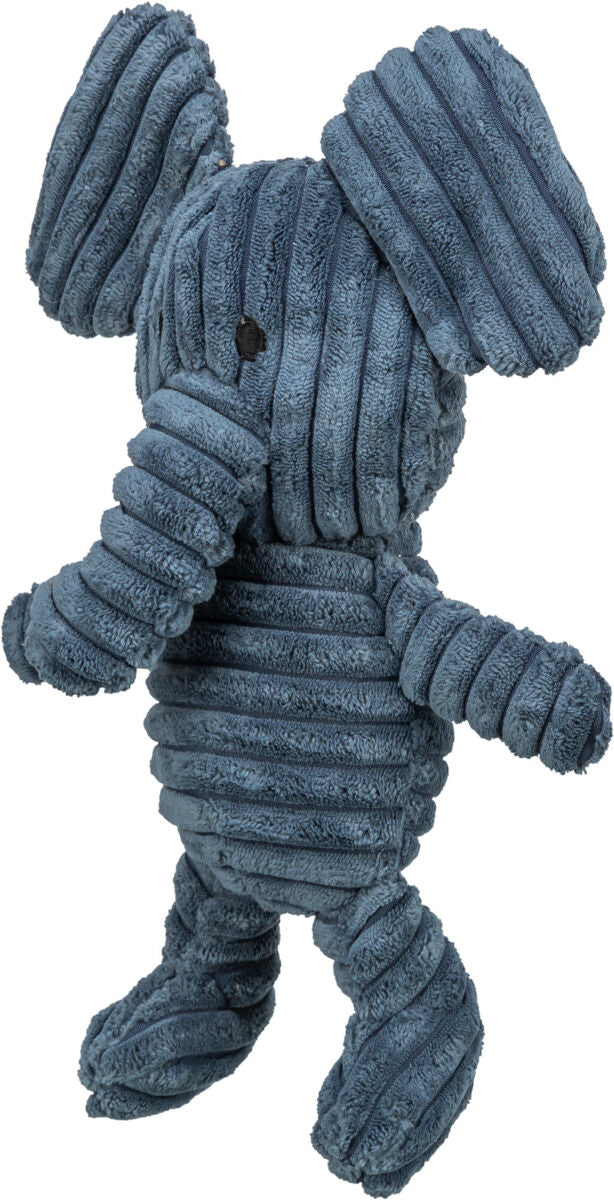Graues, plüschiges Elefantenspielfiguren-Spielzeug mit geripptem Texturmuster und großen Ohren.