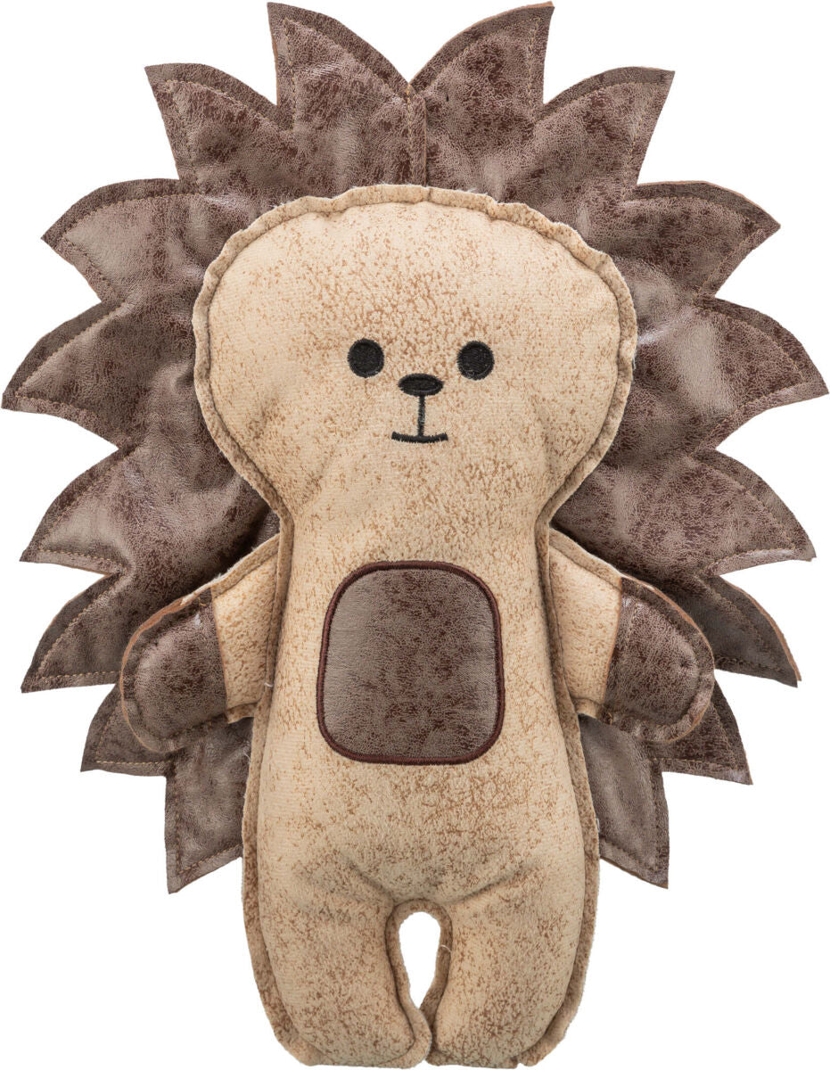 Weiches Spielzeug in Igel-Form mit braunem Körper und dunkleren Stacheln, lächelndes Gesicht mit schwarzen Augen.