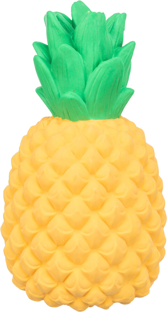 Gelbes Objekt in Form einer Ananas mit grünen Blättern oben, strukturiert und plastisch dargestellt.
