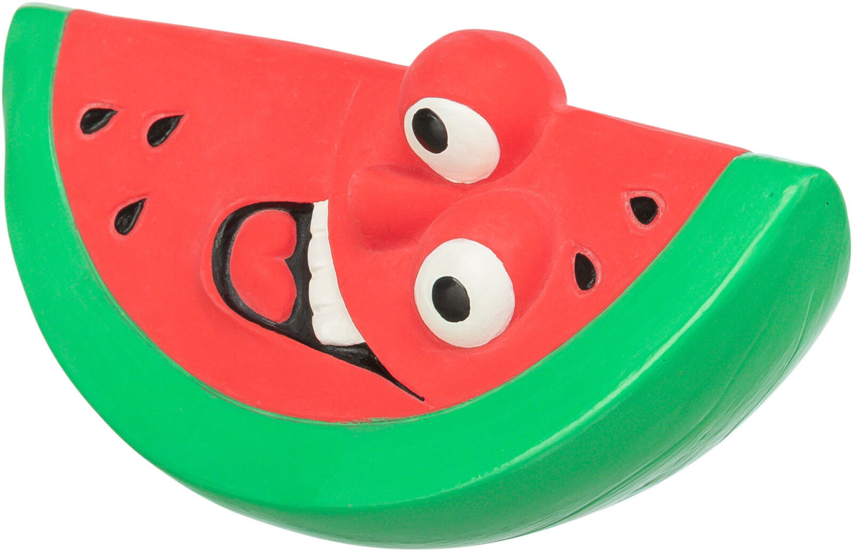 Rote und grüne Wassermelonenscheibe in Comic-Stil, mit großen Augen und offenem Mund, schwarze Kerne sichtbar.