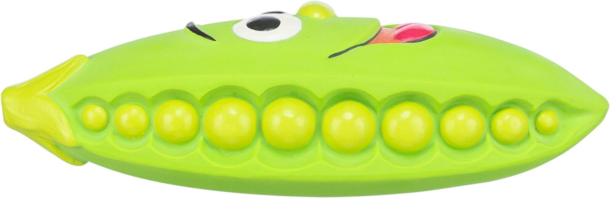 Grünes Spielzeug mit Augen und Mund, das einer Erbse in einer Schote ähnelt, mit hervortretenden gelben Kugeln.