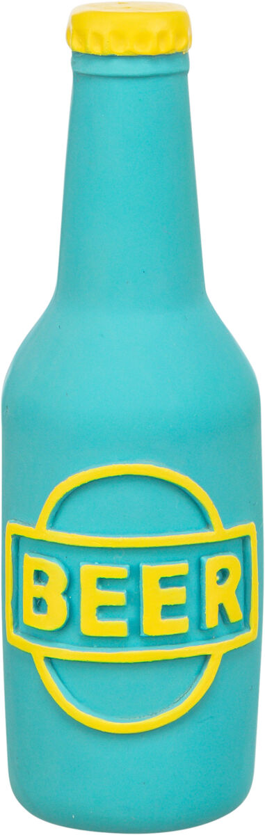 Türkisfarbene Flasche mit gelbem Verschluss und gelbem "BEER"-Textmotiv auf der Vorderseite.