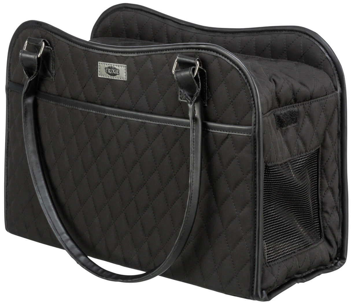 Schwarze gesteppte Tragetasche mit langen Henkeln und seitlichem Netzfenster, Text "TRIXIE" sichtbar.