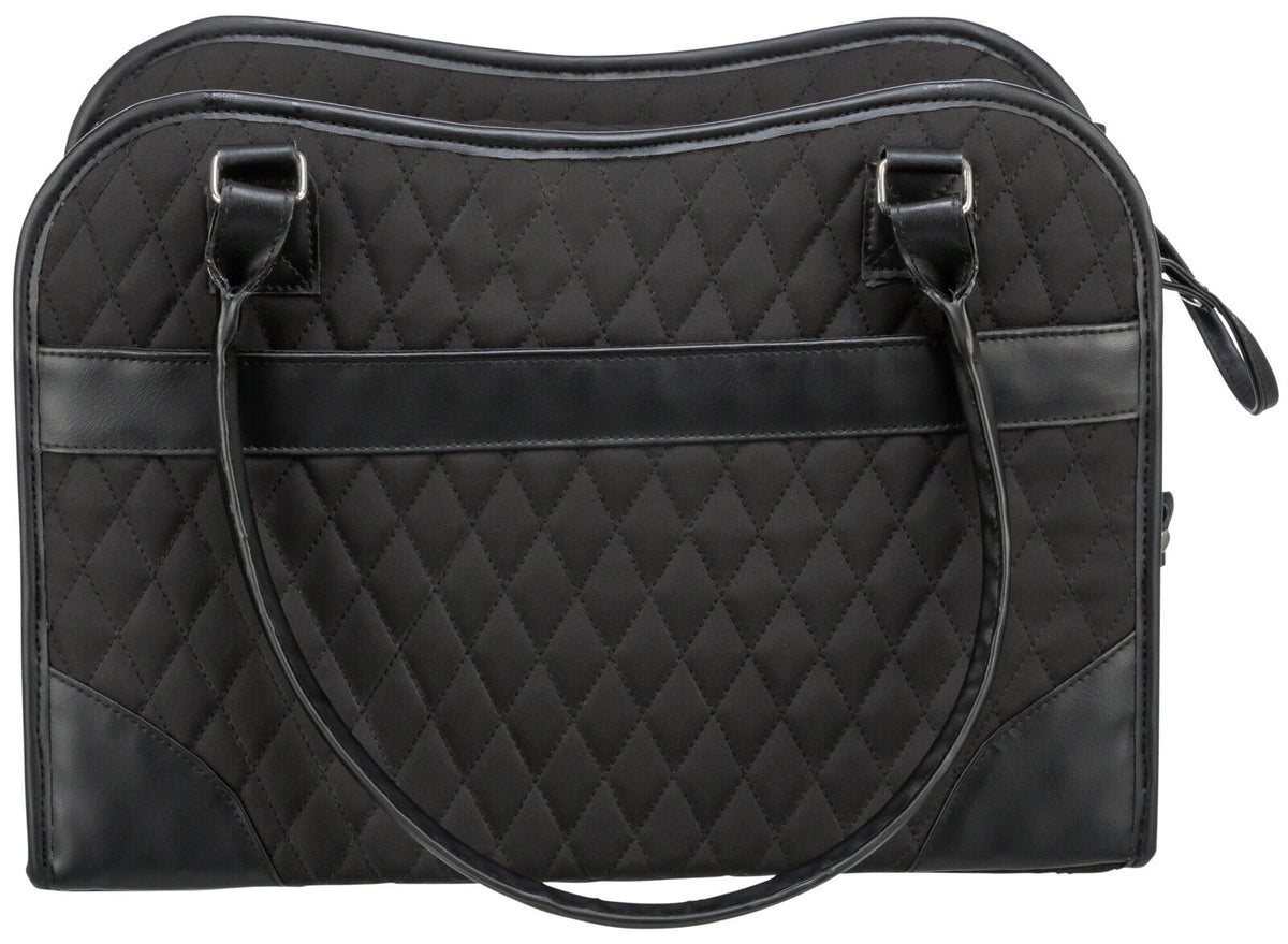 Schwarze Tasche mit Rautenmuster, zwei Tragegriffen und glatten schwarzen Streifen zwischen den Nähten.