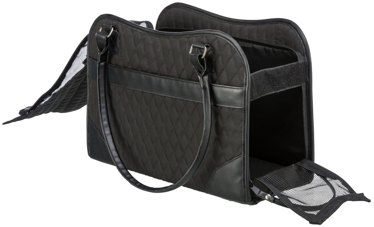 Schwarze gesteppte Tragetasche mit geöffnetem Netzfenster und doppelten Griffen, Seitenteile teils offen.