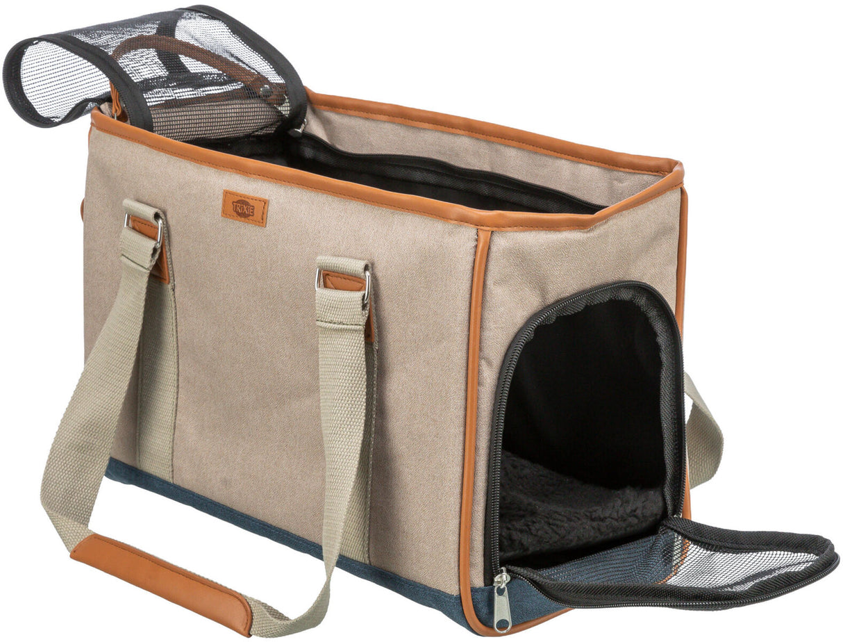 Beige Transporttasche mit Netzbelüftung, Reißverschlüssen und Tragegurten, geeignet für kleine Tiere.