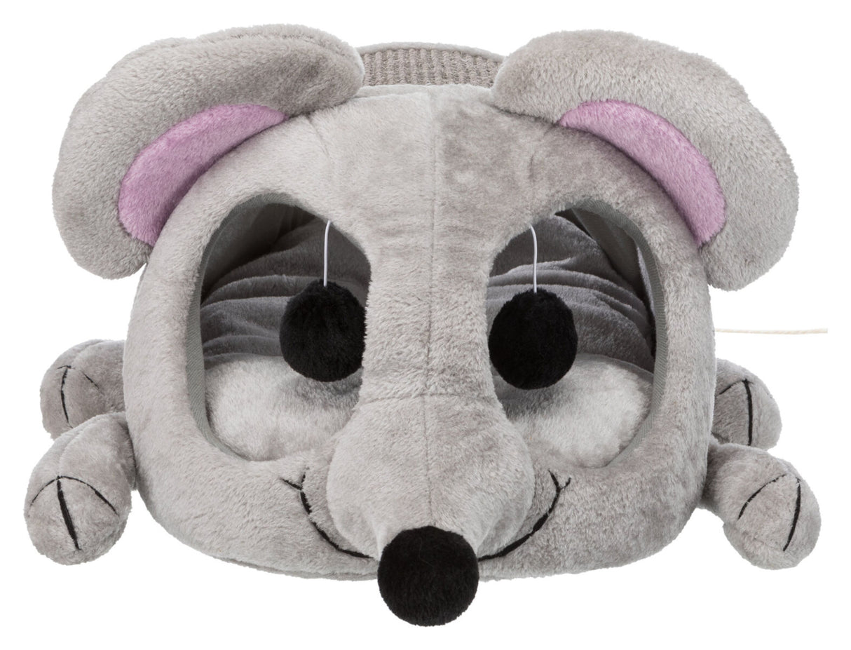 Graue plüschige Tierhöhle in Form einer Maus mit großen Ohren und rosa Innenseiten sowie hängenden schwarzen Bommeln.