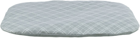 Graues, ovales Kissen mit weißem Rautenmuster auf der Oberfläche, flach und gepolstert.