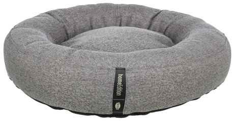 Graues, rundes Haustierbett mit schwarzem Etikett der Marke "homeEdition" von "Trixie".