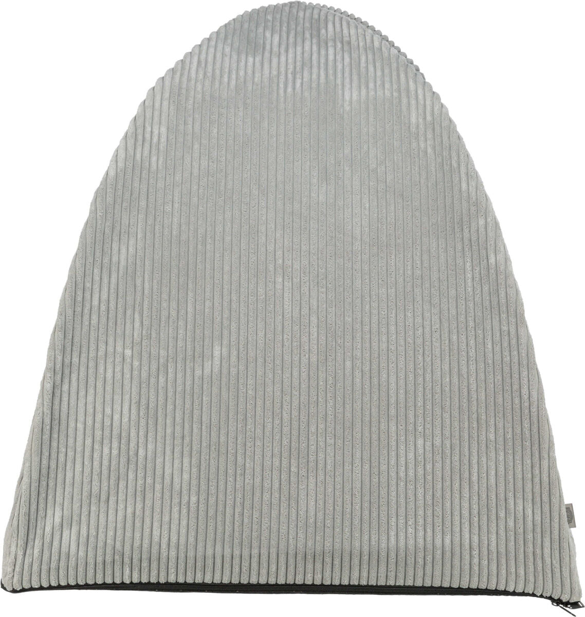 Ein graues, geripptes, dreieckiges Stoffstück mit abgerundeter Oberseite und sichtbarem seitlichen Reißverschluss.