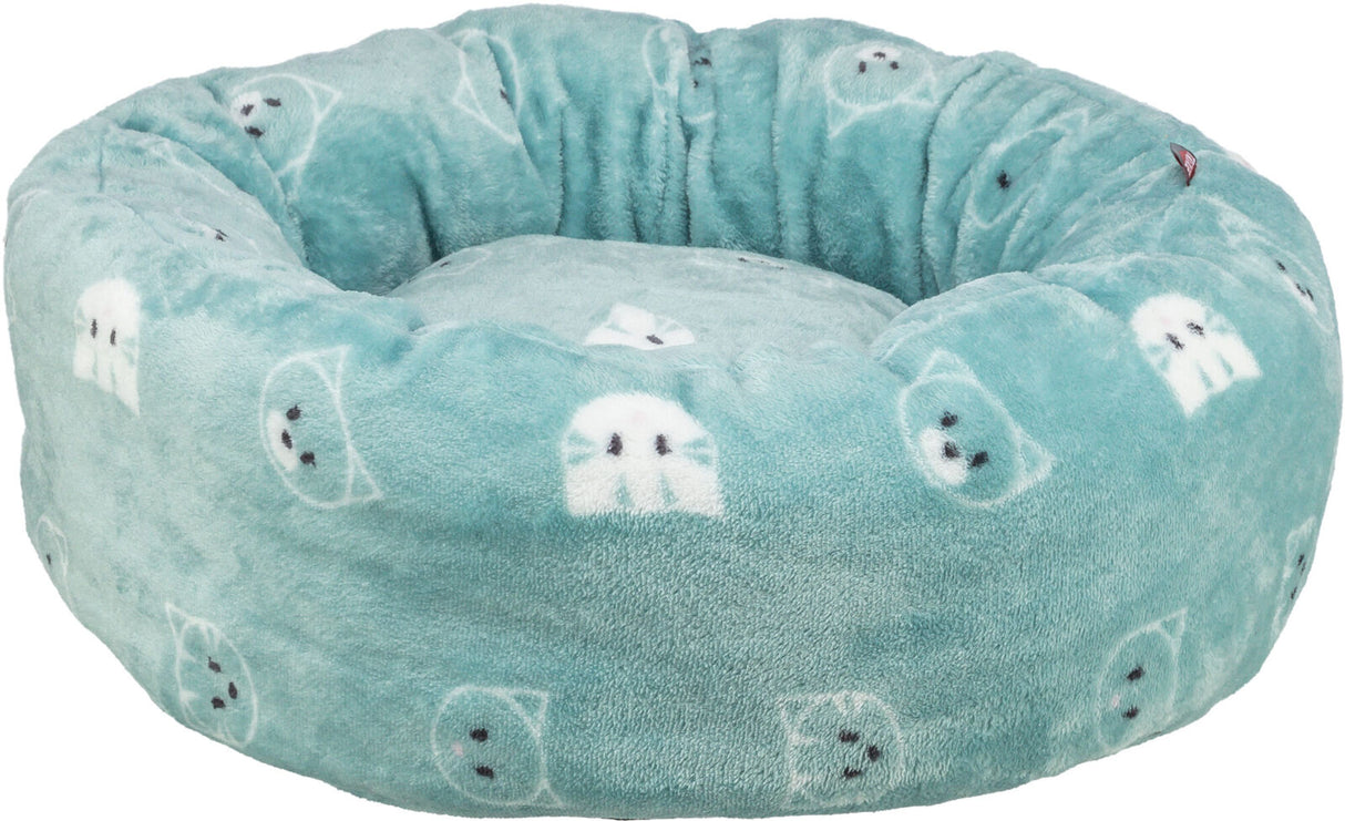 Aqua-farbenes plüschiges Bett mit Kätzchenmuster, runder hoher Rand, weich und gemütlich.