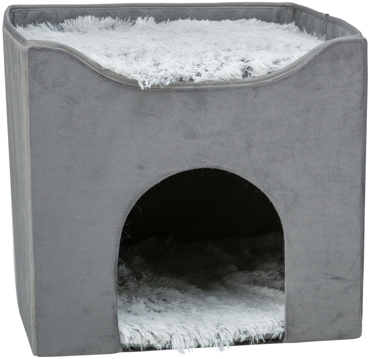 Graue, quadratische Höhle mit flauschigem, weißem Innenboden, geeignet als Unterschlupf oder Schlafplatz.