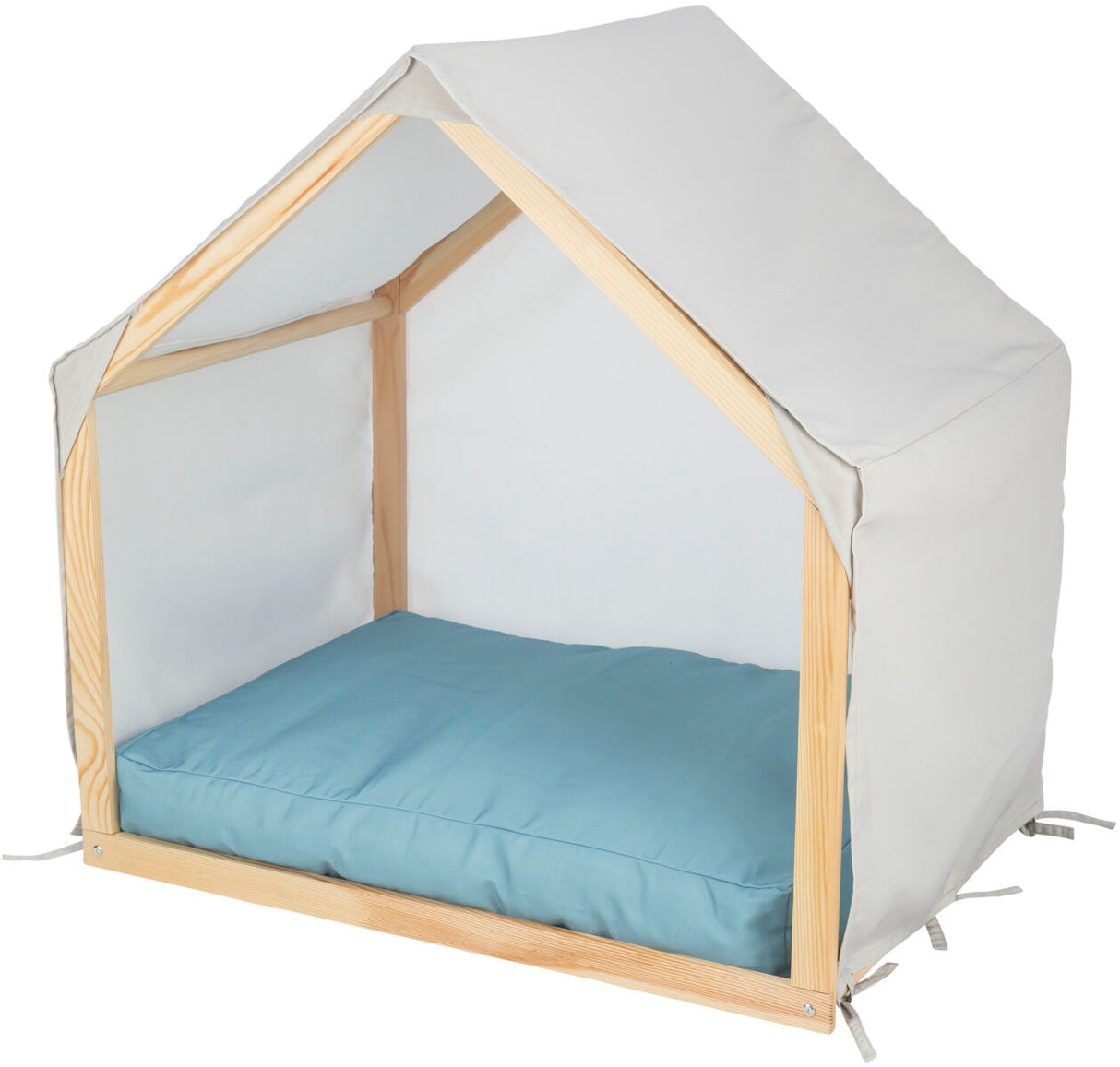 Holzrahmen mit cremefarbenem Stoffdach und blauem Kissen, rechteckige offene Konstruktion.