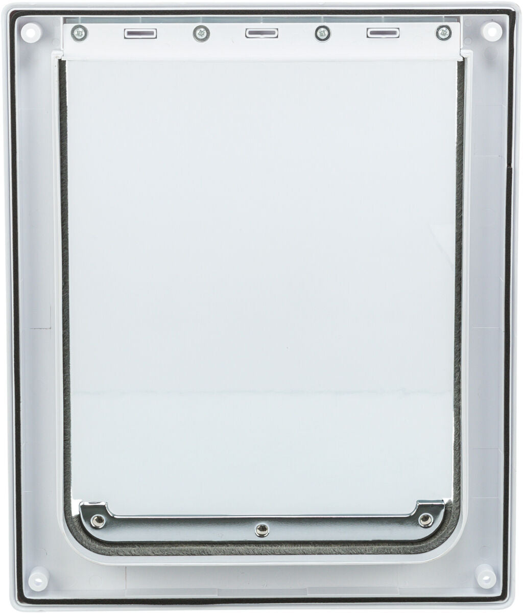 Rechteckige, weiße Platte mit Metallumrandung und Schrauben an den Ecken, vermutlich ein Konstruktionsgerät.