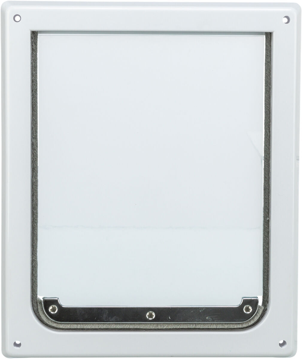 Rechteckige weiße Türklappe mit transparentem Einsatz und Metallrand, montiert in einem Rahmen.