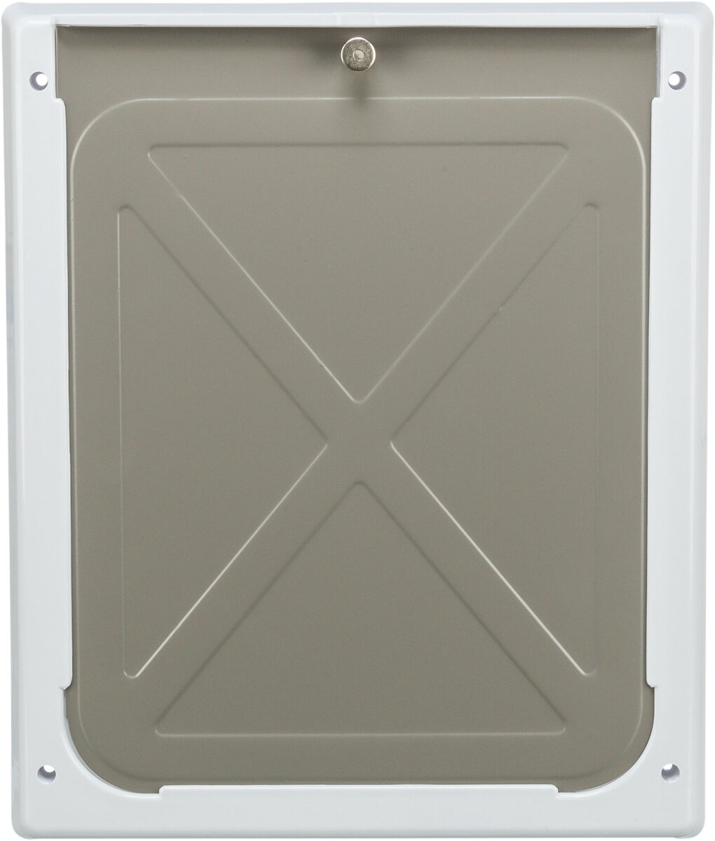 Rechteckige graue Platte mit X-förmigem Muster in weißem Rahmen, oben eine kleine runde Metallschraube.