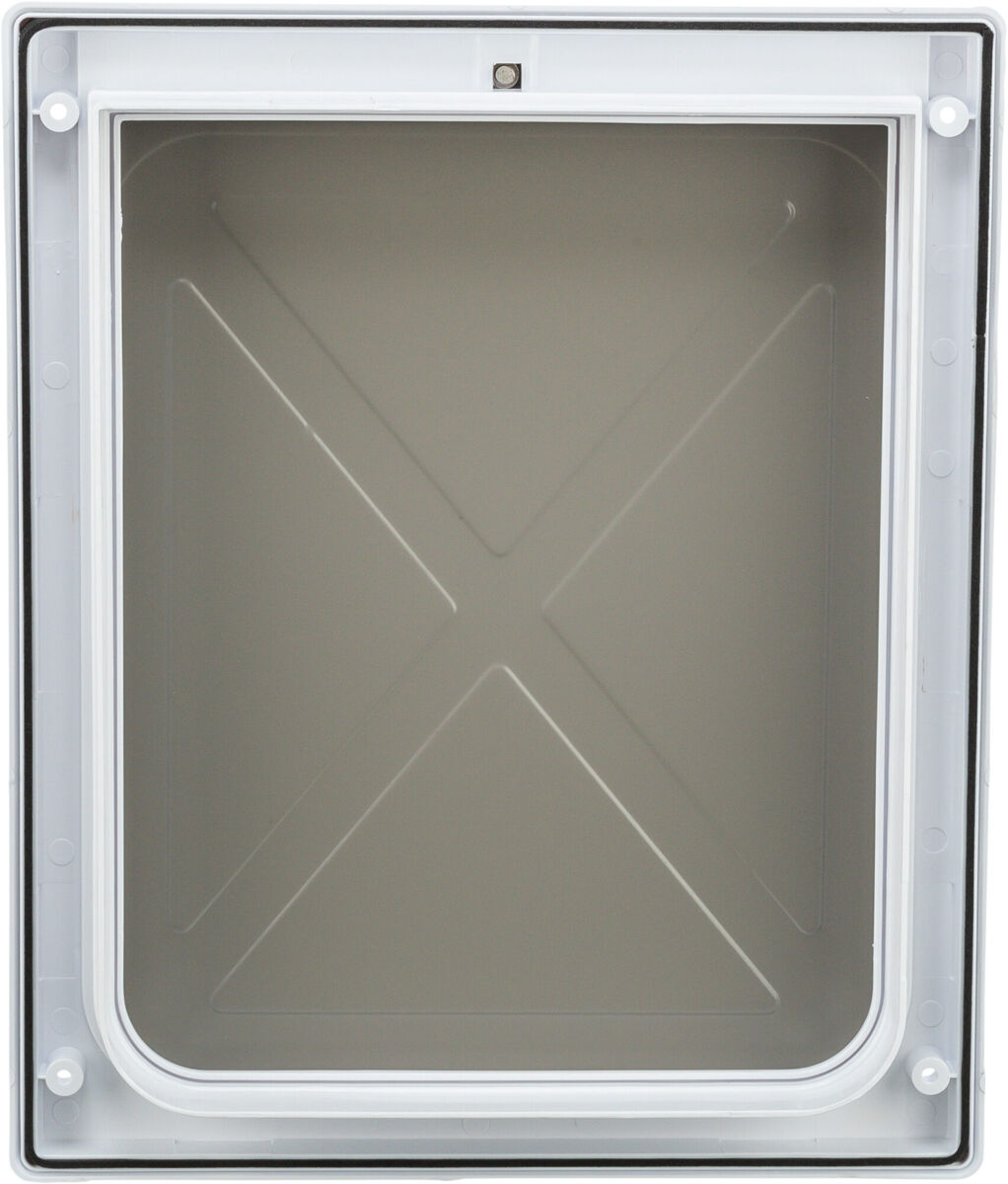 Rechteckiger grauer Kasten mit weißem Rahmen und Schraubenabdeckung, Bild zeigt Innenansicht.