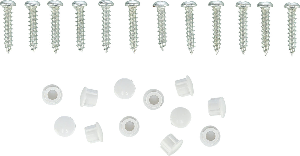 Silberne Schrauben und weiße Abdeckkappen in zwei separaten Reihen auf weißem Hintergrund dargestellt.