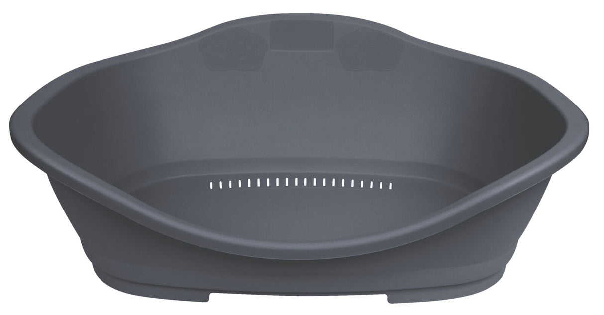 Graues, ovales Kunststoffbett mit erhöhtem Rand und perforiertem Boden, geeignet als Haustierbett.