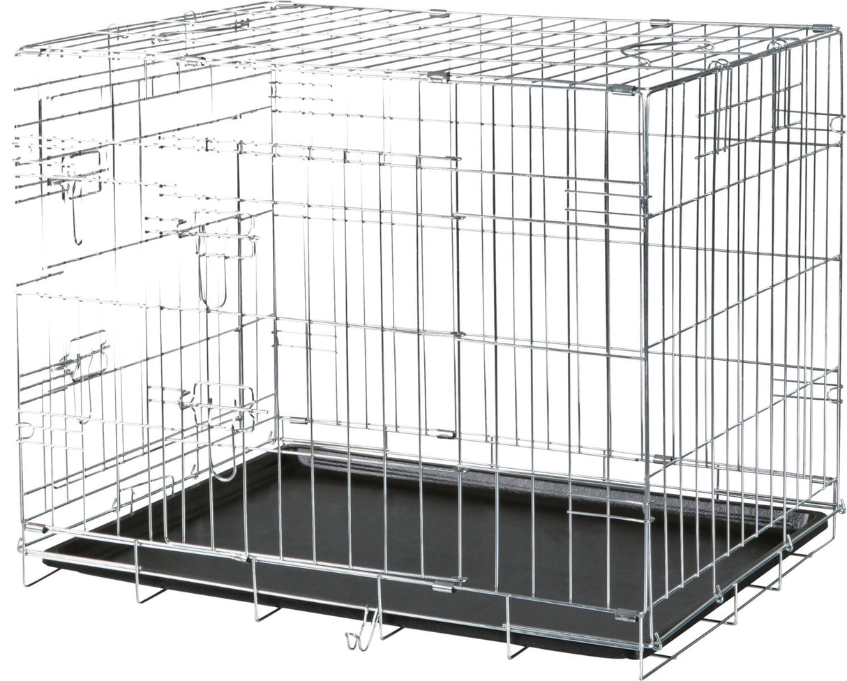 Silberner Metallkäfig mit rechteckiger Grundfläche und schwarzer herausnehmbarer Bodenwanne.