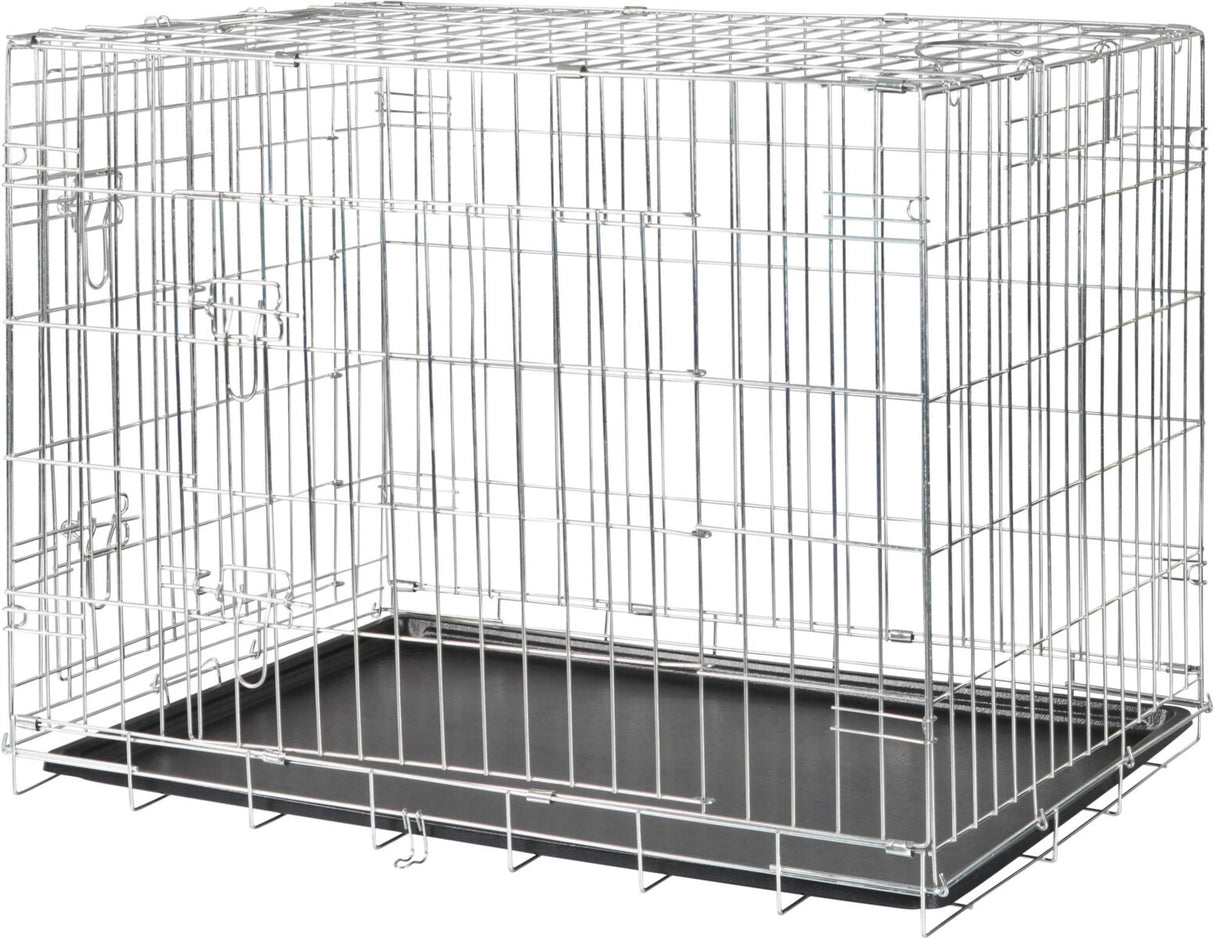 Silberner Metallkäfig mit rechteckiger Form und schwarzem herausnehmbarem Boden, geeignet zum Transport.