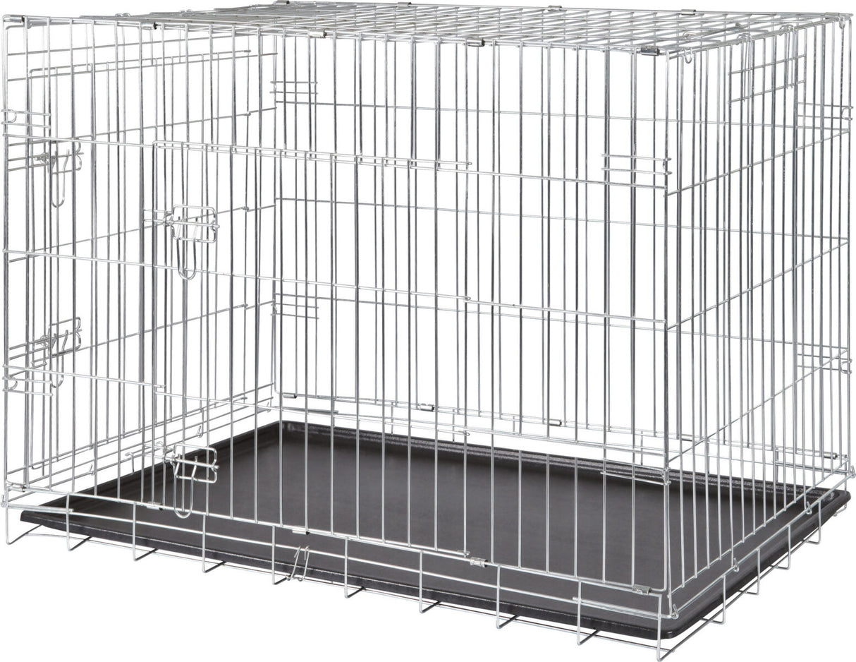 Silberner Metallkäfig mit rechteckiger Form und schwarzer Bodenwanne.