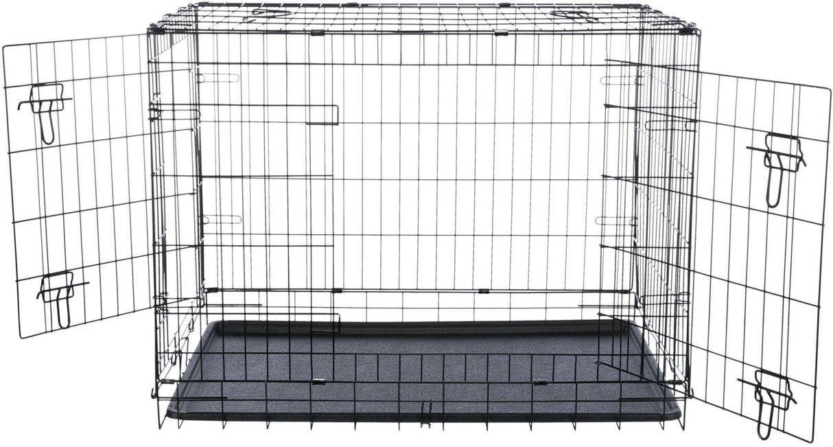 Geöffneter schwarzer Gitterkäfig mit zwei Türen, rechteckigem Boden und flacher Kunststoffwanne.
