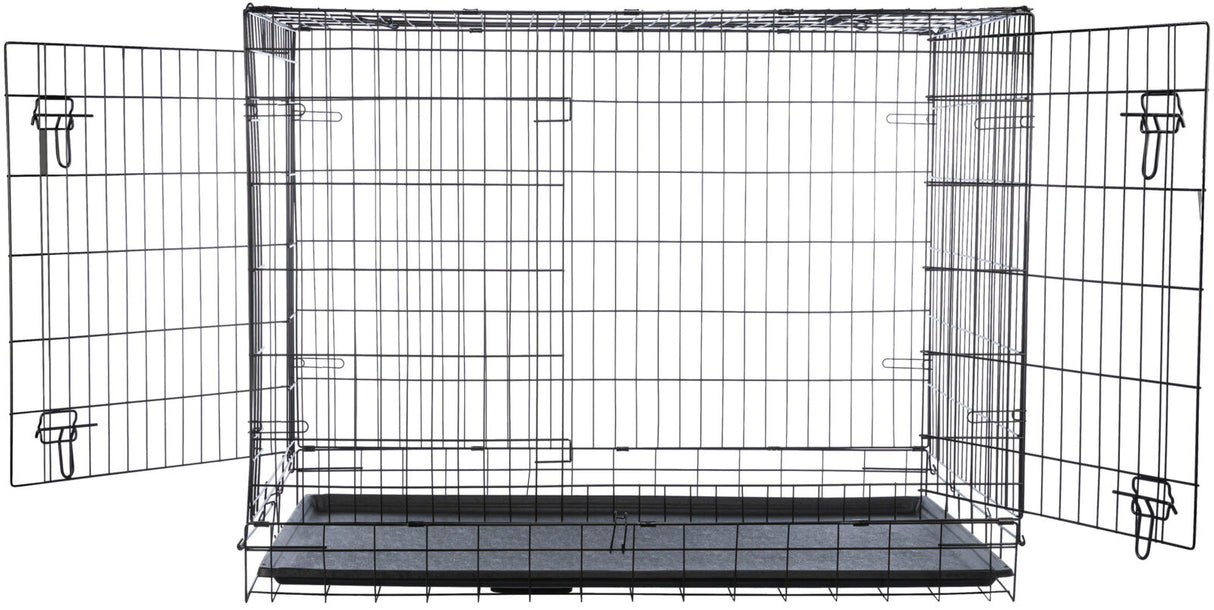 Metallkäfig mit Gitterstruktur und zwei offenen Türen, innen eine schwarze Bodenschale.