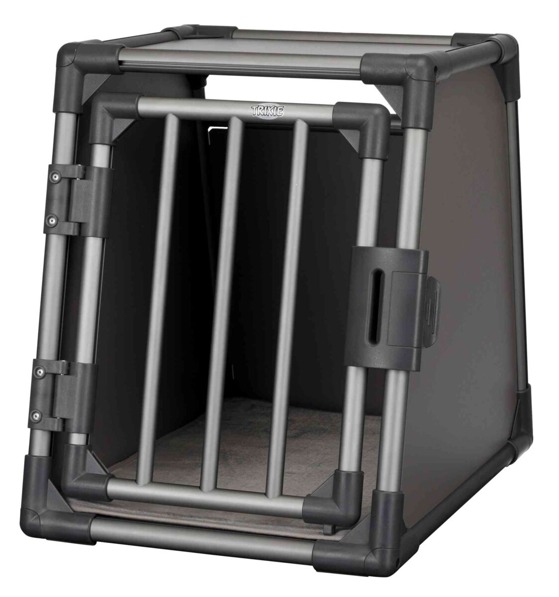 Transportbox mit robustem Metallrahmen und Gittertür, geeignet zur sicheren Unterbringung, grau.