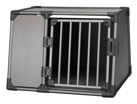 Metallkäfig mit Gittertür und schwarzem Rahmen, rechteckige Form, Tür mit Scharnieren und Schloss.