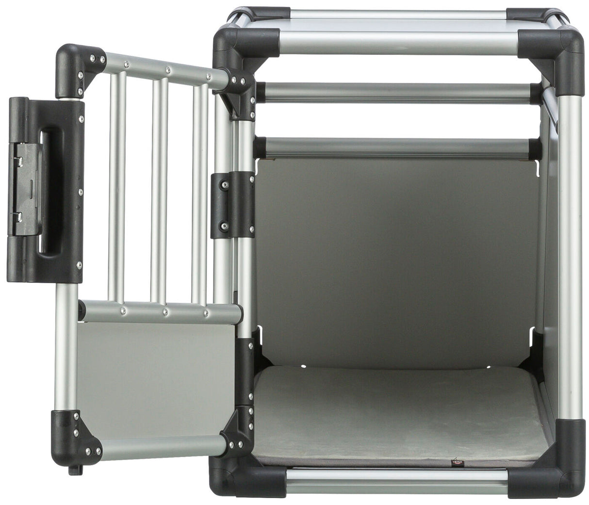 Stabiler Metallkäfig mit Tür und grauem Boden im Inneren, schwarzer Rahmen und silberne Gitterstäbe.