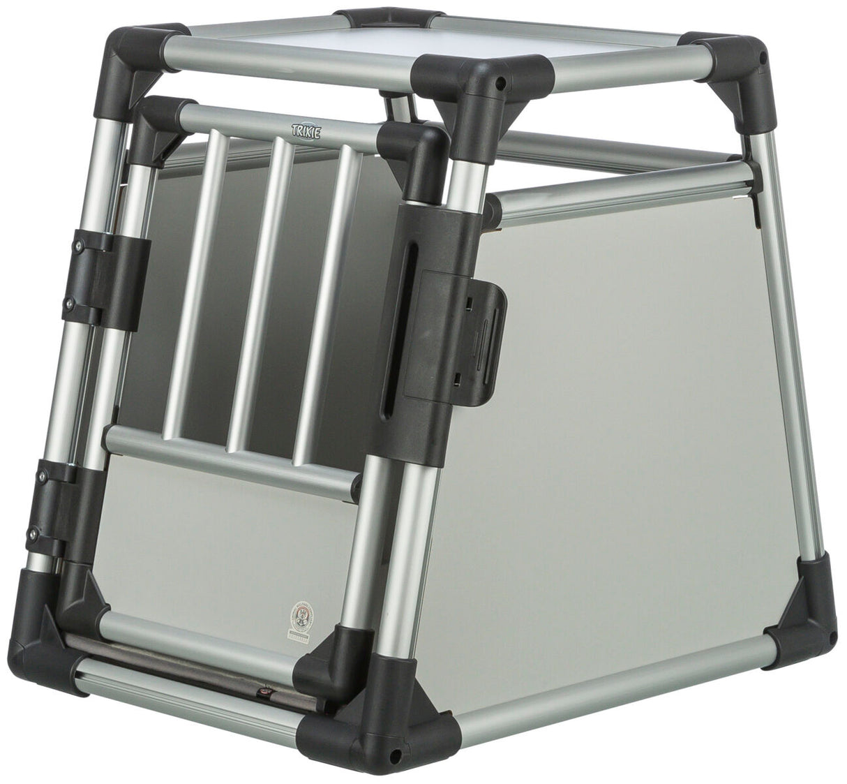 Transportbox aus silbernem Metall und schwarzem Kunststoff mit Gittertür und stabiler Rahmenkonstruktion.